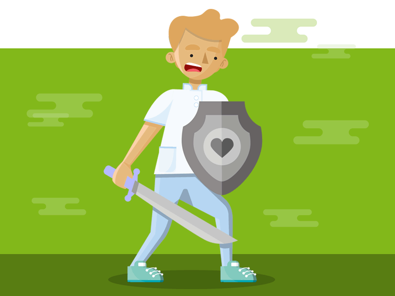 Character carrying a shield and sword against a green background.