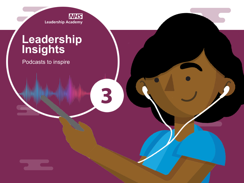 Character wearing headphones, with a bubble displaying 'Leadership Insights 3'