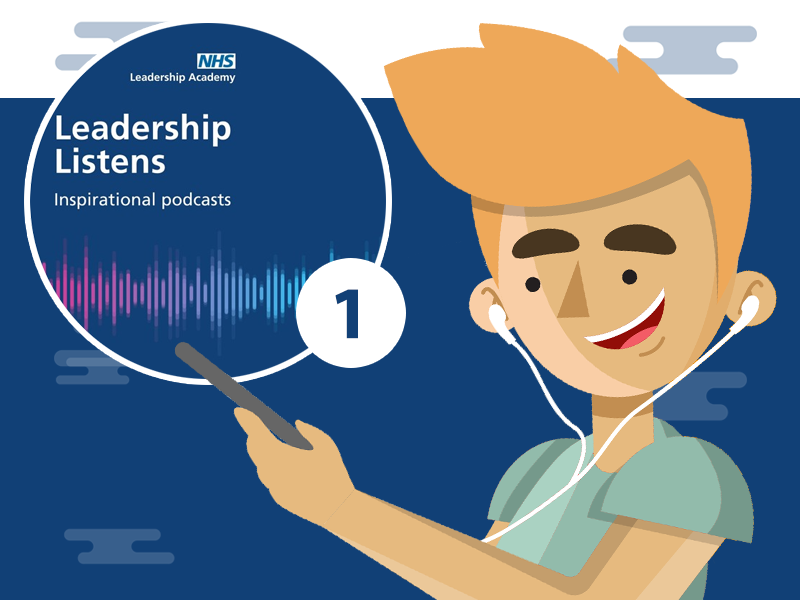 Character wearing headphones, with a bubble displaying 'Leadership Listens 1'