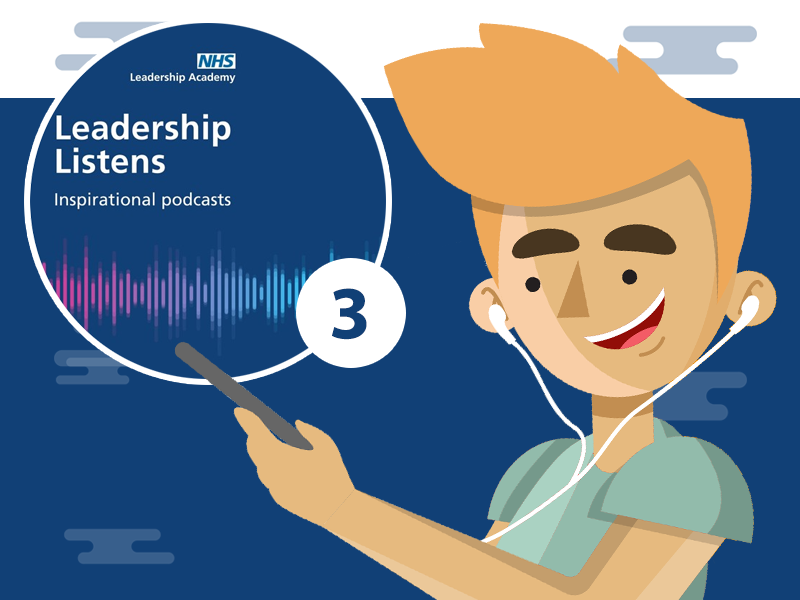 Character wearing headphones, with a bubble displaying 'Leadership Listens 3'