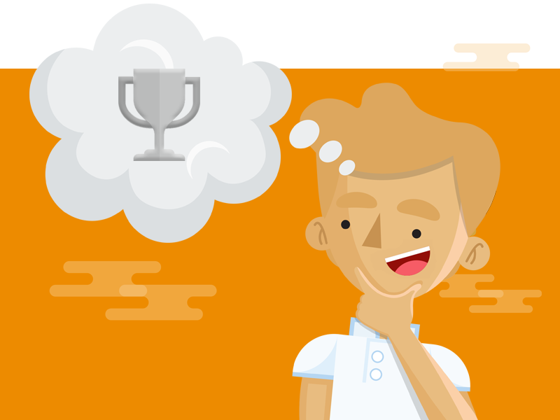 Character with thought bubble showing a winners cup, against an orange background