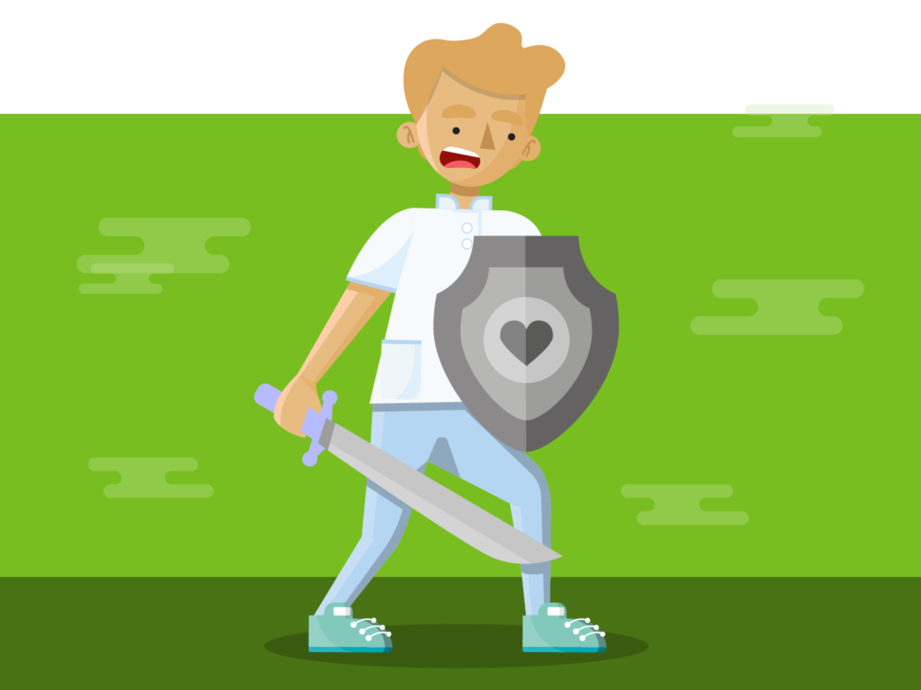 Character carrying a shield and sword against a green background.