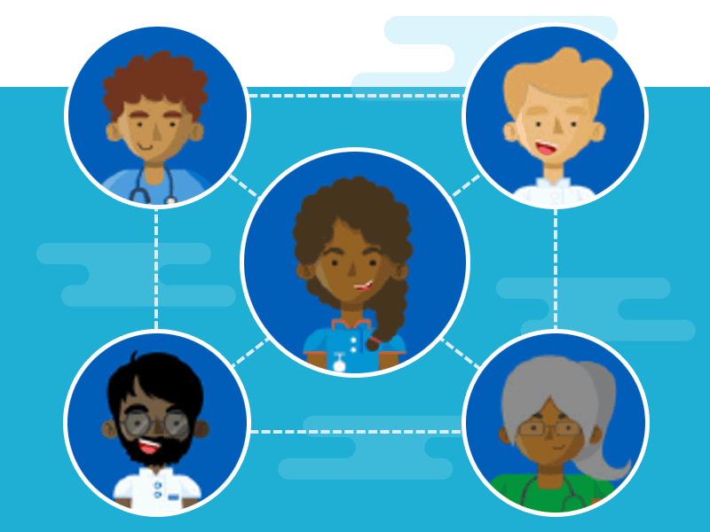 Five character faces linked to present a team.