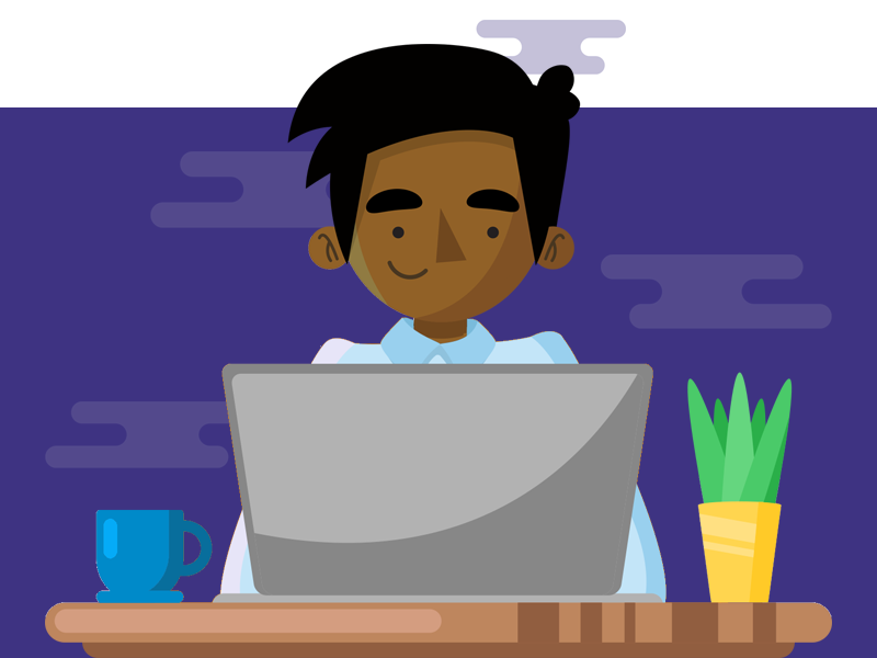 Character working at a desk, on a laptop with purple background.