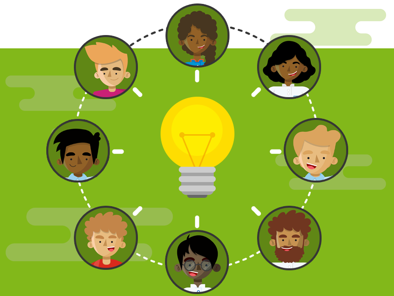 8 character faces in a circle around a lightbulb