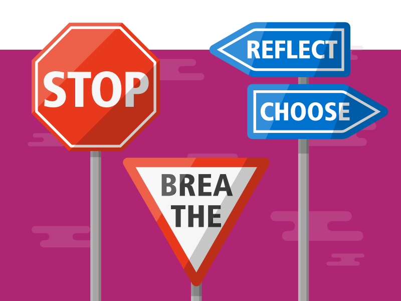 Image of three road signs, saying STOP, BREA THE, REFLECT and CHOSE
