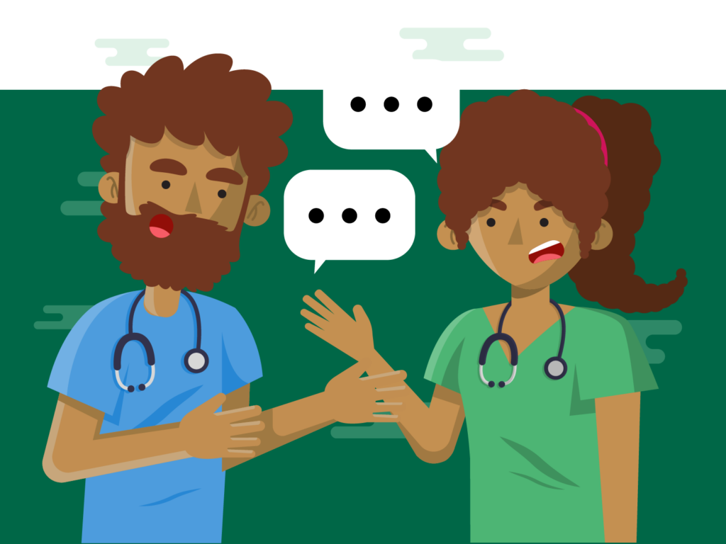 Medical characters talking with speech bubbles.