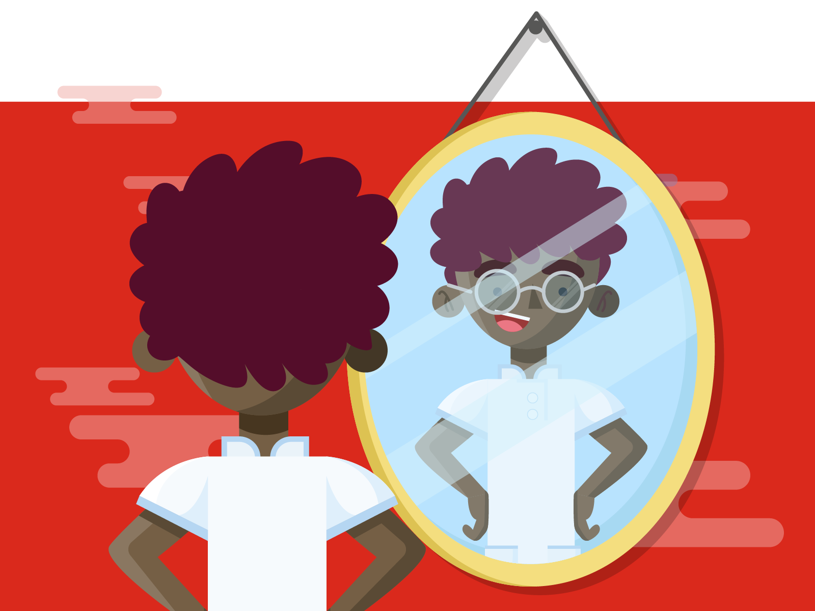 Character looking at themselves in a mirror
