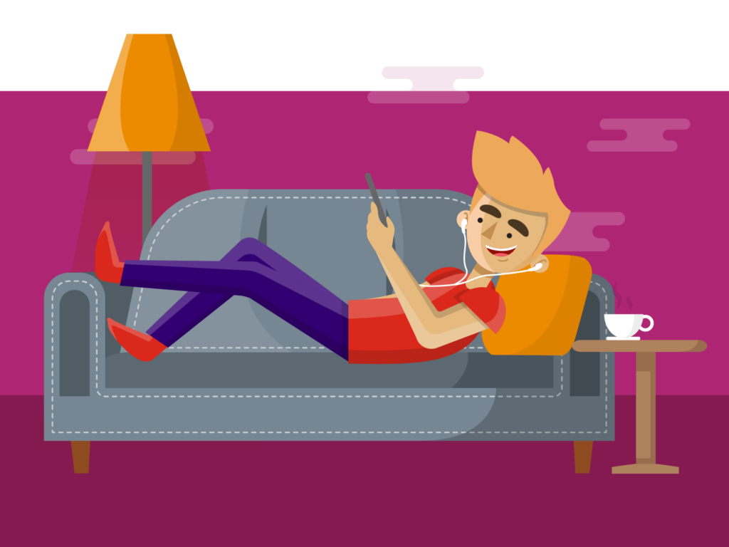 Character laying on a sofa wearing headphones and using phone.