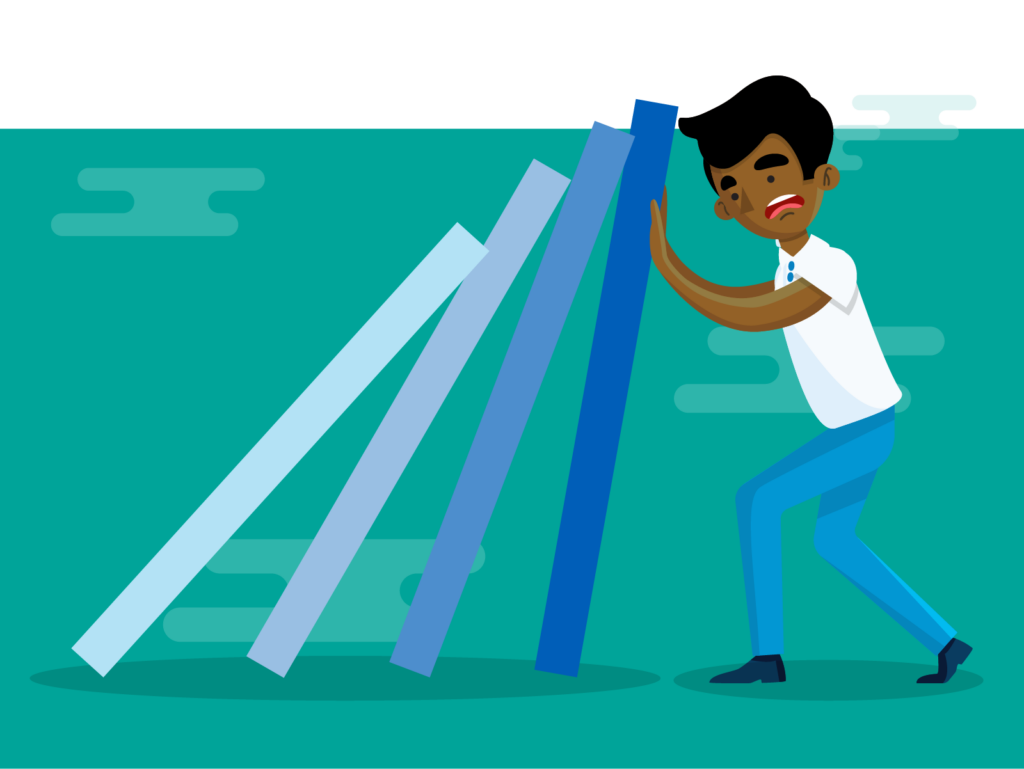 Image of a character holding up blue pillars as they fall.
