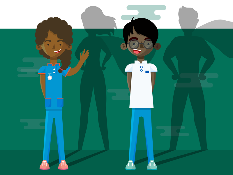 Image of two healthcare workers with superhero shadows behind them.